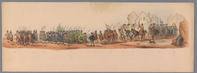 Concurso histórico por ocasião do segundo centenário da Universidade de Utrecht, 1836 (placa 10)
Procissão do exército holandês a Ostende, a 3 de Julho de 1600, no dia seguinte à vitória em Nieuwpoort; de acordo com a representação fantasiada, dada por H 