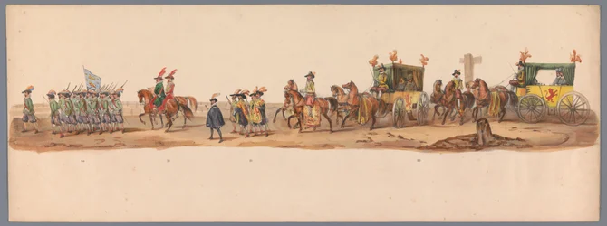 Procissão histórica no segundo centenário da Universidade de Ciências Aplicadas de Utrecht, 1836 (placa 6) Aproximação dos exércitos holandeses a Ostende, 3 de julho de 1600, um dia após a vitória em Nieuwpoort; de acordo com a representação fantasiada dad