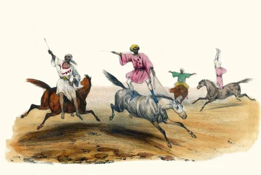 La voltige, par des Bedouins. em "Album Grotesque, Choices of Types Remarkable", ilustrações de Victor Adam, Paris, cerca de 1850.