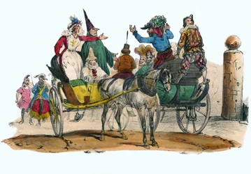 Les Mascarades du carnival. em "Album Grotesque, Choices of Outstanding Types", ilustrações de Victor Adam, Paris, cerca de 1850.
