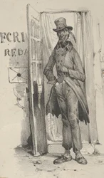 Homem de pé em uma porta, meados do século 19.