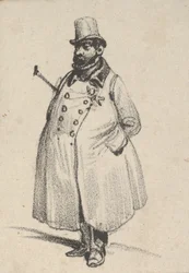 Homem vestindo um casaco e um chapéu com uma bengala debaixo do braço, meados do século XIX.
