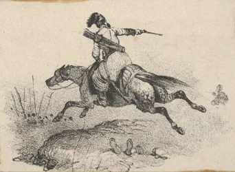 Soldado a cavalo a galope, meados do século XIX.