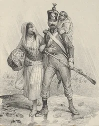 Soldado com uma mulher no braço e uma criança nas costas, meados do século XIX.