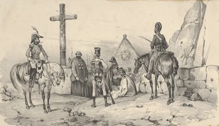 Soldados reunidos em frente a uma igreja com padres e um crucifixo, meados do século XIX.