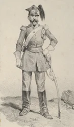 Soldado de pé com a mão no leme da espada, meados do século XIX.