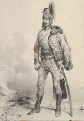 Soldado de pé com sua jaqueta em um ombro, meados do século 19.