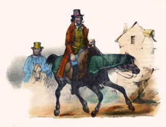 O comerciante de carne trotando calculando o seu lucro. Em "Album Grotesque, Choices of Outstanding Types", ilustrações de Victor Adam, Paris, cerca de 1850.