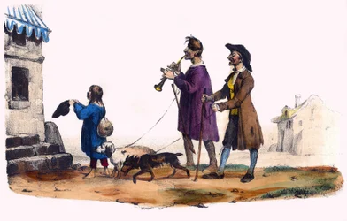 Dois cegos liderados por cães e uma criança mendiga. Em "Album Grotesque, Choices of Outstanding Types", ilustrações de Victor Adam, Paris, cerca de 1850.