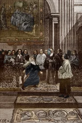 Affaire des possedes de Loudun (demónios de Loudun) cerca de 1630: "Exorcismo da mãe superior possuída do convento ursulino pelo padre de Chinon, Pierre Barre após os acontecimentos do "Loudun the Possessions", ilustração por possuído de Loudu