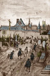 Jansenista convulsionário (ou São Medardo) (Obras de convulsões) no século XVIII: "os doentes e enfermos vão ao cemitério de São-Medardo (onde está o túmulo do diácono François Paris) para serem milagrosamente guerrilheiros" (Práticas convulsivas (Convulsi