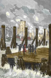 Cerco de La Rochelle (1627-1628): «O cardeal Richelieu (1585-1642) na barragem de La Rochelle, durante o cerco da cidade, praça de armas dos protestantes em outubro de 1628» - O cardeal Richelieu no cerco de La Rochelle em outubro de 1628, gravura