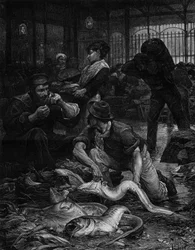 Um canto do Fish Hall pela manhã (1880). Gravura após a pintura de Victor Gabriel Gilbert (1847-1933). Em "O Mundo Ilustrado" n°1244 de 29 de janeiro