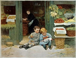 Faça-lhe uma visita guiada. Criança comendo torradas na frente da mercearia da mãe. A menina tem uma boneca de joelhos. Pintura de Victor Gilbert (1847-1935). Paris, Artes Decorativas