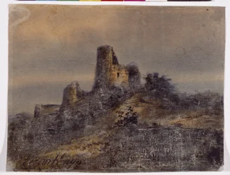 Vista das ruínas do castelo de Arques la Bataille (Arques-la-Bataille) Desenho de Victor Hugo (1802-1885) Século XIX Dim 17,4x22 cm Marselha, Chateau Borely, Museu de Artes Decorativas, Faiança e Moda