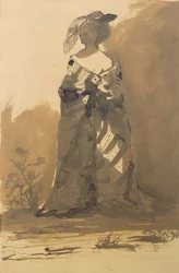 Mulher vestindo um casaco e um chapéu de penas (caneta und tinta e lavagem em papel)