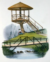 Uma cabana e ponte rústica no Parc de la Motte, Bourgogne, ilustração de 
