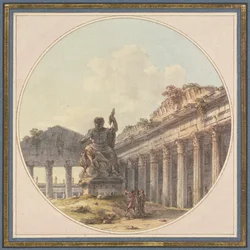Capricho arquitectónico: Interior de uma ruína de templo com uma estátua de Júpiter Tonante e figuras de staffage