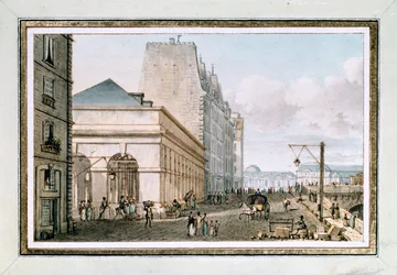 Vista do novo Mercado de Aves, situado no Quai des Augustins perto do Pont-Neuf, Paris, c. 1810 (aquarela)