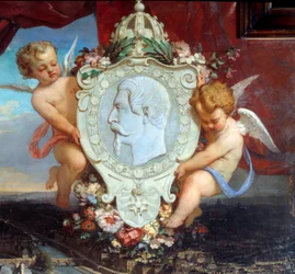 Detalhe de: “” Louvre de Napoleão III”” “” Vista do Palais du Louvre e o retrato de Napoleão III (1808-1873) em medalhão”” Pintura de Victor Joseph Chavet (1822-1906) 1857 Dom. 2,12 x 2,22 m Paris, museu do Louvre.