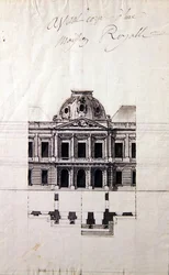 Desenho para uma fachada de uma casa real (caneta e tinta com lavagens cinzentas)
