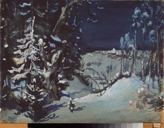Decoração preparatória para a peça de teatro ""La demoiselle des neiges"" de Alexandre Ostrovsky (1823-1886) (Cenografia para a peça de teatro Snow Maiden de A Ostrovsky) La foret enneigee - Obra de Viktor Mikhaylovich Vasnetsov (1848-1926) , óleo sobre ca