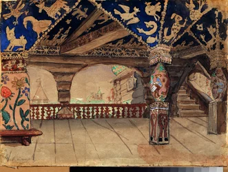 Decor preparatoire pour la peça de teatro "La demoiselle des neiges" de Alexandre Ostrovski (1823-1886) (Desenho de palco para a peça de teatro Snow Maiden de A Ostrovsky) La terrasse en bois - Oeuvre de Viktor Mikhaylovich Vasnetsov (1848-1926), huile sur