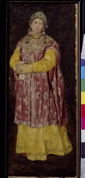 Jovem mulher vestindo o tradicional vestido e cocar da antiga Rússia - Donzela no antigo vestido russo - Obra de Viktor Michaylovich Vasnetsov (1848-1926), óleo sobre papelão