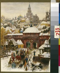 Moscou au 17e siecle (Moscou no século XVII). Oeuvre de Appolinari Mikhaylovich Vasnetsov (1856-1933), litografia. Art russe, fin 19e-debut 20e siecle. Museu de História e Reconstrução de Moscovo, Moscou.
