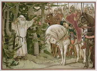 O príncipe Oleg (falecido cerca de 912) encontra o adivinho que profetiza que o seu cavalo será a causa da sua morte, ilustração de «A Canção do Sábio Oleg». 1899