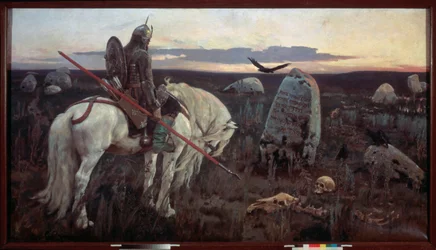 Um cavaleiro na encruzilhada (O cavaleiro, armado com uma lança, parece melancólico diante de uma estela gravada na planície, rodeada de ossos humanos e sobrevoada por um corvo ao crepúsculo)