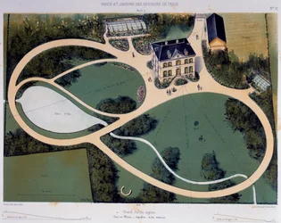 Grande jardim inglês de 6300 metros quadrados, Ilustração tirada de Parcs et Jardins des environs de Paris (Parques e Jardins ao redor de Paris), Ca 1850, Litografia de Victor Petit (1818-1871), França