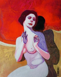 Mulher pensativa de vermelho