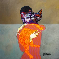 Abraço vibrante entre homem e gato