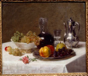 Canto da mesa Natureza morta das frutas (uvas, marmelo e pêra), prataria e jarro de vinho. Pintura de Victoria Dubourg (1840-1926) Sol do século XX. 0,52x0,63 m Grenoble, Musee des Beaux Arts