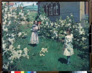 "Meninas pequenas brincando com uma bola num jardim de flores na Primavera. Pintura por Viktor Elpidiforovich Borisov-Musatov (1870-1905) 1894 Galeria Estadual Tretyakov, Moscovo