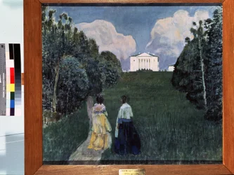 Brilho do pôr do sol. Duas mulheres andando por uma estrada rural. Pintura de Viktor (Victor) Elpidiforovich Borisov Musatov (Borisov-Musatov) (1870-1905). têmpera sobre tela