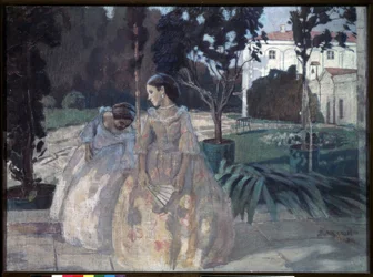 Tapeçaria. Duas elegantes jovens mulheres a caminhar no jardim de uma propriedade rica. Pintura por Viktor (Victor) Elpidiforovich Borisov Musatov (Borisov-Musatov)(1870-1905). Tempera sobre tela