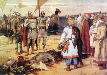 O convite aos varegues: Rurik e os seus irmãos chegam a Staraya Ladoga, antes de 1912