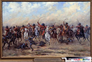 Ataque da Divisão Selvagem à Infantaria Austríaca. Episódio da primeira guerra mundial (1914-1918): ofensiva das tropas russas, massacre dos soldados na frente, atrocidades da guerra