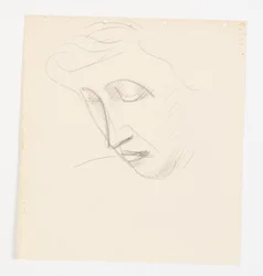 Retrato feminino em perfil de três quartos, dobrado para a esquerda