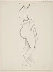 Mulher nua de pé, de perfil para a direita, drapeado na mão