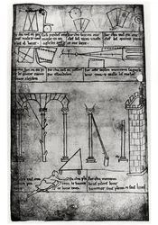 Ms.Fr.19093 fol.20v Figuras geométricas para construção, arcos e homem medindo a altura de uma torre (cópia de fac-símile)