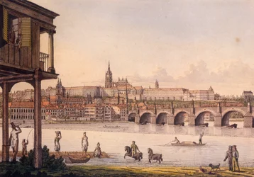Vista do quartinho e Castelo de Praga Hradcany do banho de Papouek, 1825 (gravura colorida)