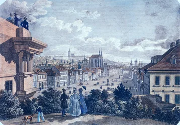 Mercado de cavalos na Praça Venceslau, Praga, 1835 (gravura em aço colorido)
