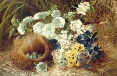 Natureza morta de flores e um ninho de pássaro em um banco coberto de musgo