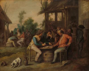 Dois homens a jogar às cartas no exterior de uma estalagem, c.1650 (óleo sobre painel)