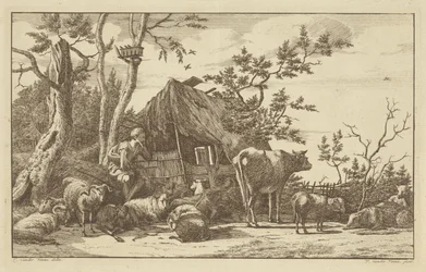 Pastor sentado com gado em frente de um celeiro dilapidado