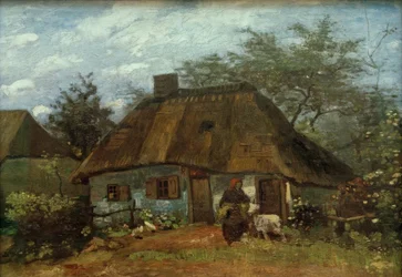 Casa de campo e mulher com cabra