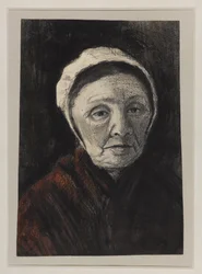 Cabeça de uma mulher idosa em um boné de Scheveninger, 1882-83 (carvão vegetal, giz preto e marrom sobre papel)